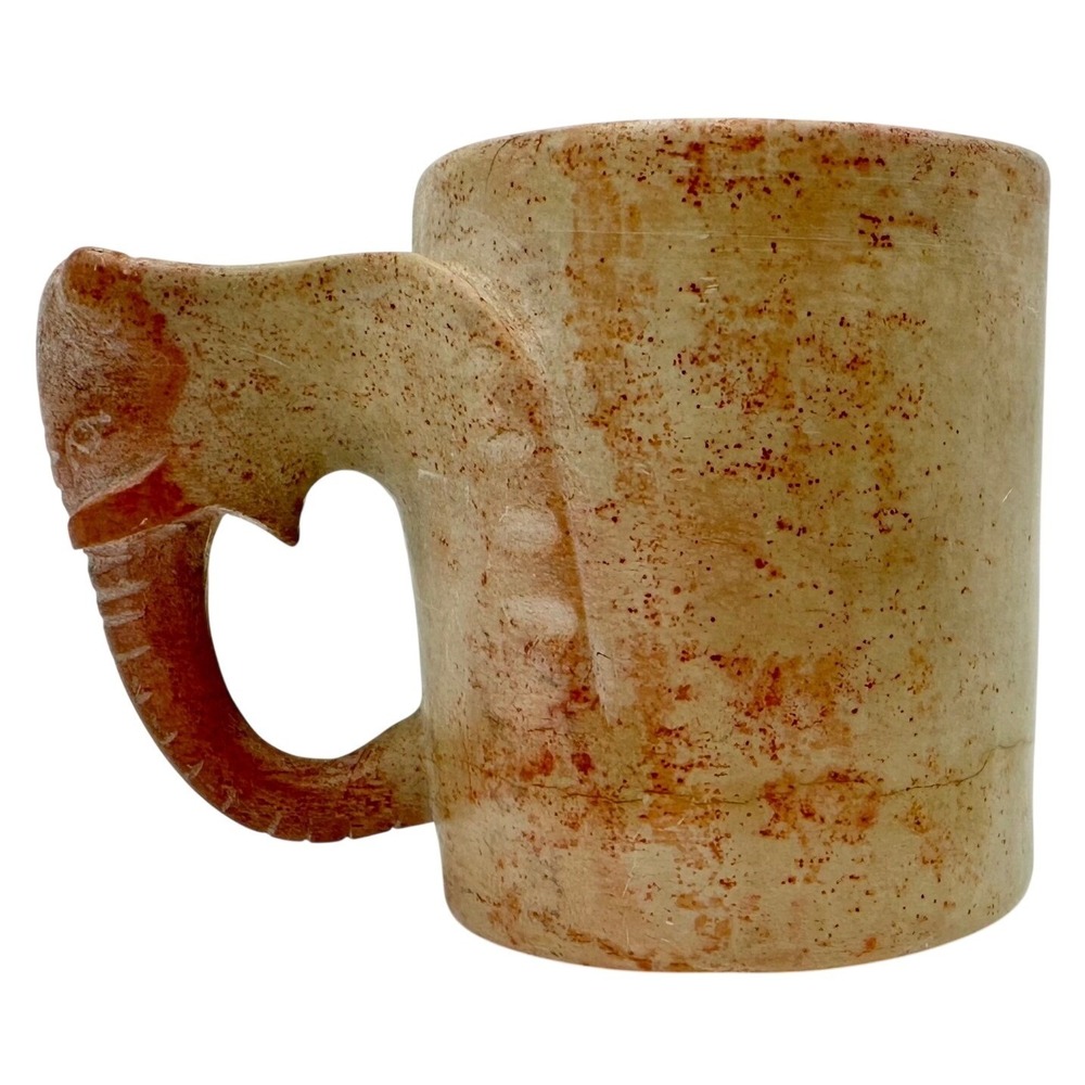 Vintage Hand Carved Soapstone Elephant Mug 4in Tan Red Primitive Tribal Folk Art